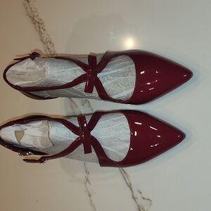 FOWT Red Bow Pointed Toe Pumps Cross Strap Kitten Mid Heel D'orsays Shoes